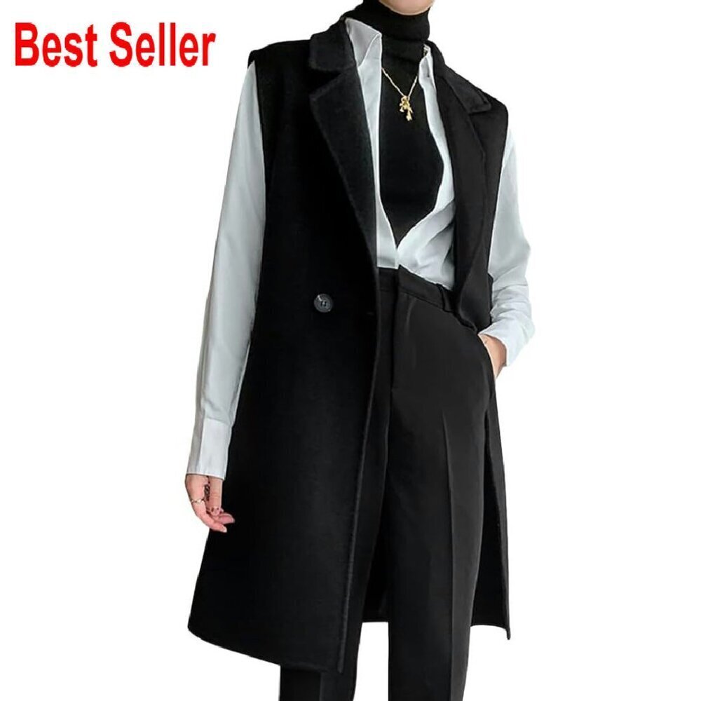 Wool Blend Vest V-Neck Sleeveless Long Cardigan Blazer Jacket with Pockets